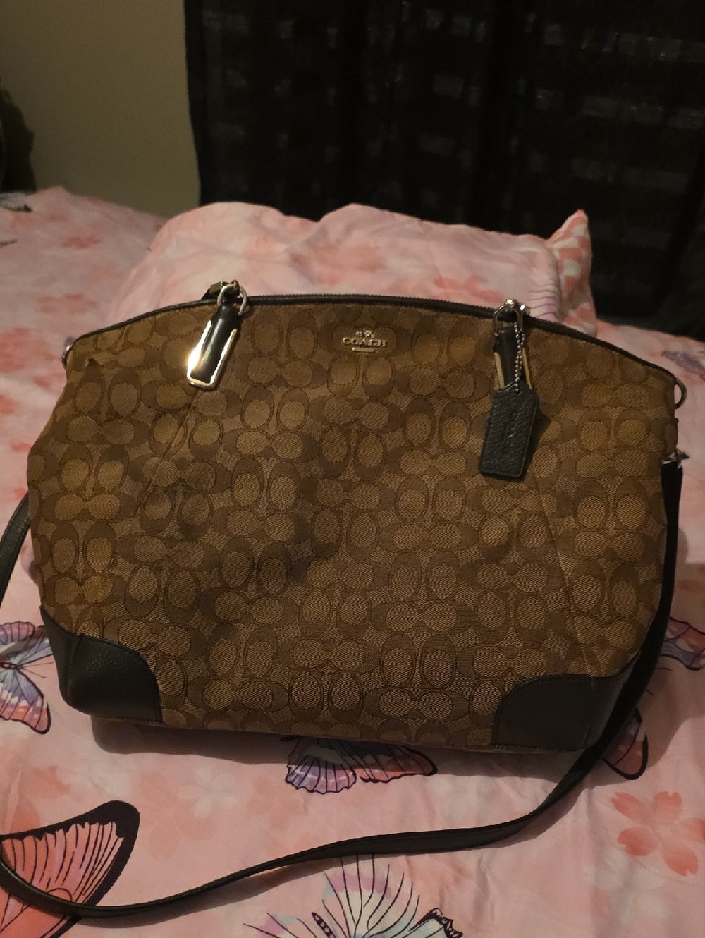 Coach Brown Signature Monogram Shoulder Bag with Dark Trim